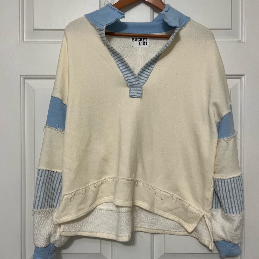Oversized Distressed Patchwork Block Top Blue & C… - image 1
